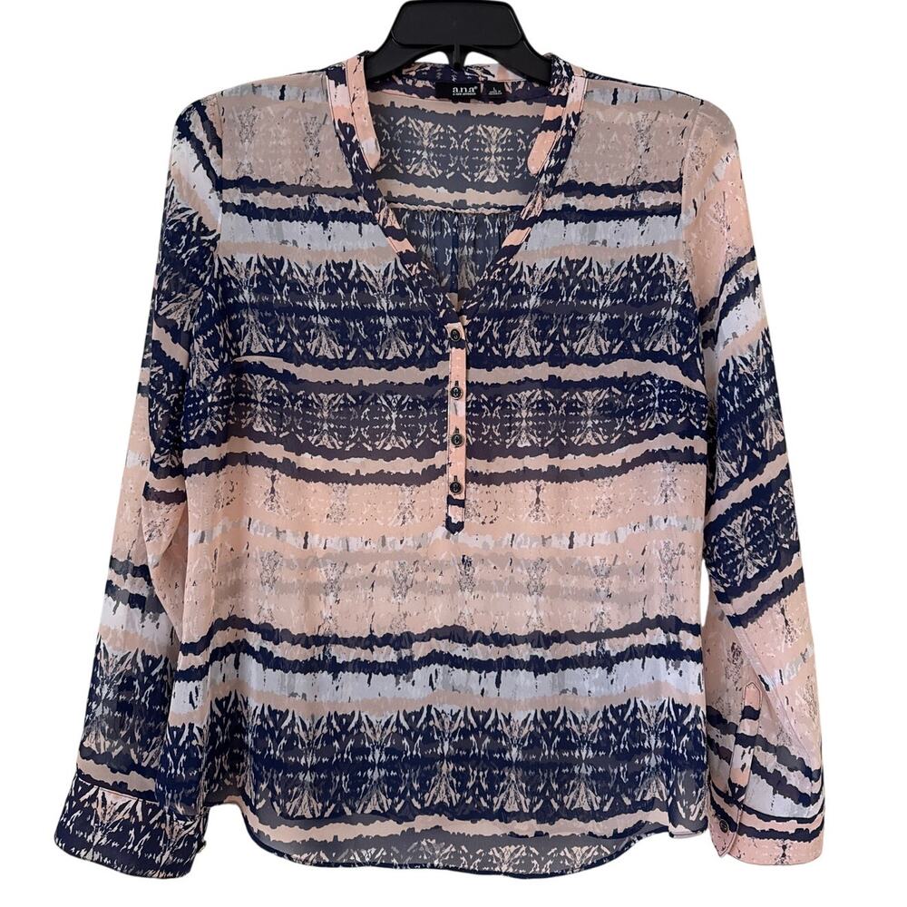 a.n.a A. New Approach, Large Sheer, Long Sleeve V-neck Navy Blue Peach Blouse